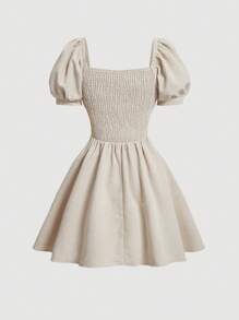 SHEIN MOD 雞心領口泡泡袖前繫帶連衣裙 - 米色 - 查看 5