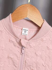 SHEIN Young Girl Bear & Letter Embroidery Bomber Jacket - Pink - View 5