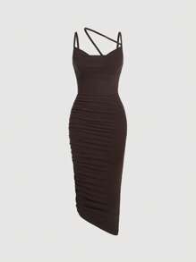 SHEIN MOD Solid Asymmetrical Neck Bodycon Dress - Chocolate Brown - View 1