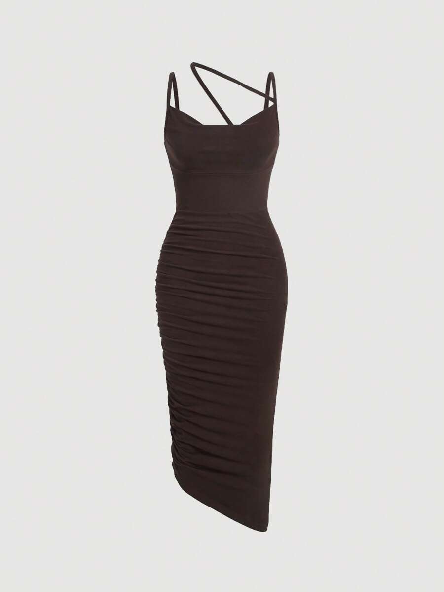 SHEIN MOD Solid Asymmetrical Neck Bodycon Dress - Chocolate Brown - View 1