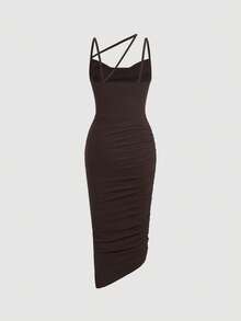 SHEIN MOD Solid Asymmetrical Neck Bodycon Dress - Chocolate Brown - View 2