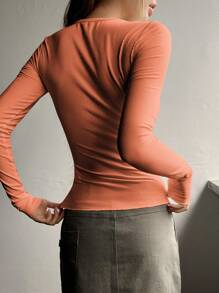 DAZY Half Button Ribbed Knit Tee,Fall Clothes,Back To School Clothes Long Sleeve Women Tops - Burnt Orange - View 2