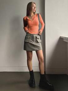 DAZY Half Button Ribbed Knit Tee,Fall Clothes,Back To School Clothes Long Sleeve Women Tops - Burnt Orange - View 3