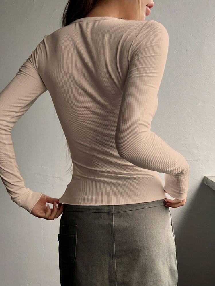 Half Button Ribbed Knit Tee,Fall Clothes,Back To School Clothes Long Sleeve Women Tops