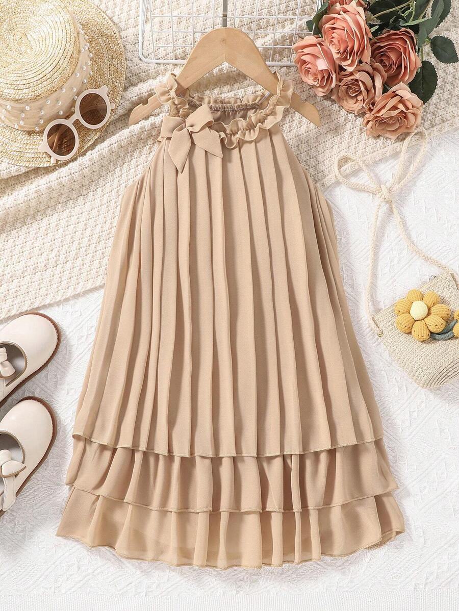 SHEIN Elladie kids Young Girl Bow Front Layer Hem Pleated Detail Halter Dress