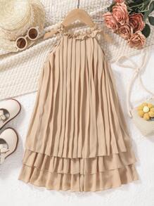 SHEIN Elladie kids Young Girl Bow Front Layer Hem Pleated Detail Halter Dress