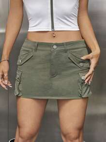 SHEIN ICON Gorpcore Solid Pocket Side Cargo Skirt - Army Green - View 9