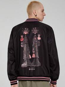 GAWX Hombres Cazadora tipo bomber con estampado de letra y dibujos animados ribete de rayas de hombros caídos - Negro - Ver 2