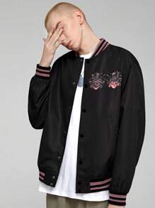 GAWX Hombres Cazadora tipo bomber con estampado de letra y dibujos animados ribete de rayas de hombros caídos - Negro - Ver 6