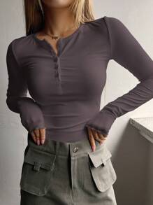 DAZY Half Button Ribbed Knit Tee,Fall Clothes Long Sleeve Women Tops