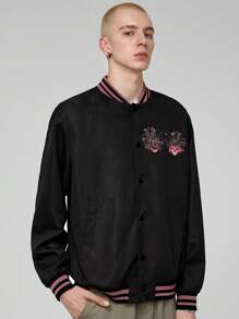 GAWX Hombres Cazadora tipo bomber con estampado de letra y dibujos animados ribete de rayas de hombros caídos - Negro - Ver 4