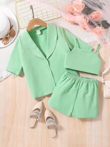 SHEIN 女小童青果領西裝外套&吊帶背心和短褲 - 薄荷綠 - 查看 1