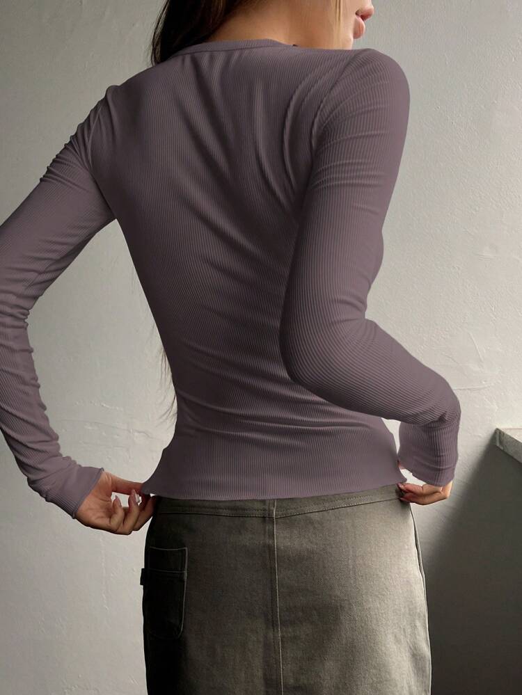 Half Button Ribbed Knit Tee,Fall Clothes Long Sleeve Women Tops
