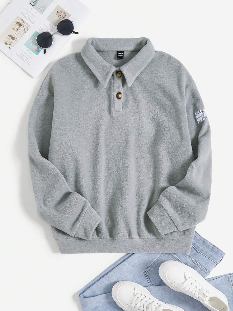 Muchica Letter Patched Polo Neck Drop Shoulder Sweatshirt - Dusty Blue - View 1