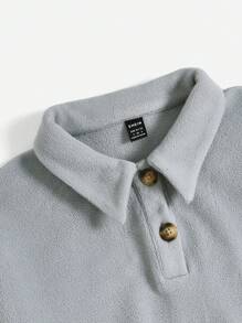 Muchica Letter Patched Polo Neck Drop Shoulder Sweatshirt - Dusty Blue - View 4