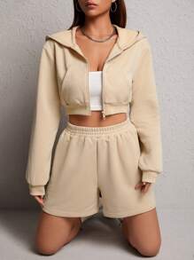 SHEIN PETITE 1pc Zip Up Crop Hoodie & 1pc Shorts - Khaki - View 5