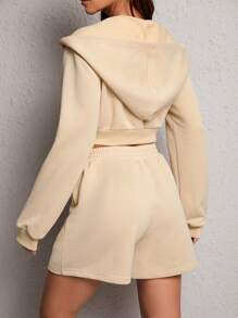 SHEIN PETITE 1pc Zip Up Crop Hoodie & 1pc Shorts - Khaki - View 2