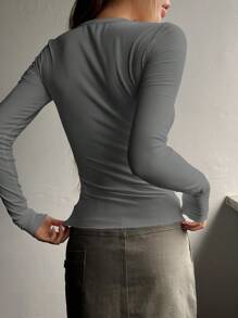 DAZY Half Button Ribbed Knit Tee,Fall Clothes Preppy Tops Long Sleeve Women Tops