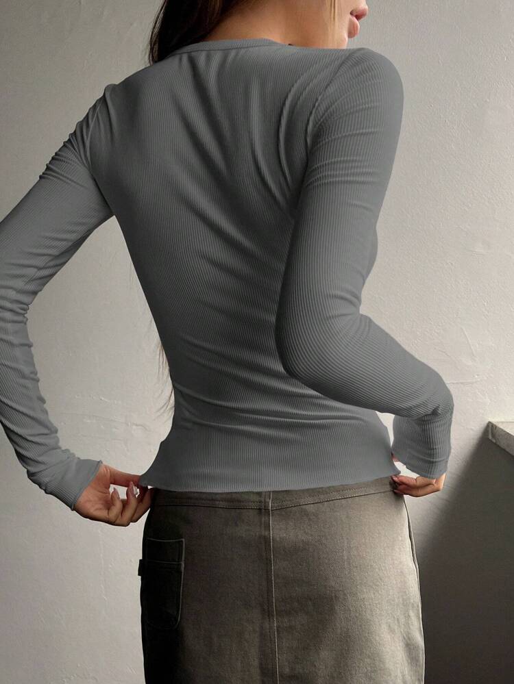 Half Button Ribbed Knit Tee,Fall Clothes Preppy Tops Long Sleeve Women Tops