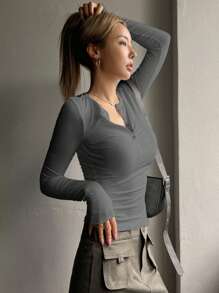 DAZY Half Button Ribbed Knit Tee,Fall Clothes Preppy Tops Long Sleeve Women Tops