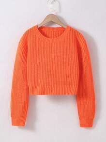 SHEIN Tween Girl Solid Drop Shoulder Crop Sweater - Orange - View 1