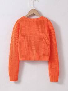 SHEIN Tween Girl Solid Drop Shoulder Crop Sweater - Orange - View 2