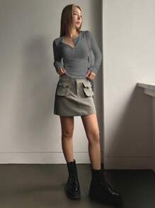 DAZY Half Button Ribbed Knit Tee,Fall Clothes Preppy Tops Long Sleeve Women Tops