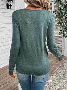 SHEIN Frenchy Contrast Lace V Neck Tee - Green - View 5