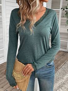 SHEIN Frenchy Contrast Lace V Neck Tee - Green - View 1