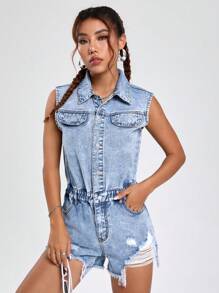 SHEIN EZwear Chi tiết về Flap Rách Cắt Thô Áo liền quần denim - Rửa nhẹ - Xem 1