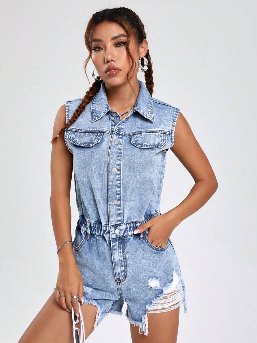 SHEIN EZwear Chi tiết về Flap Rách Cắt Thô Áo liền quần denim - Rửa nhẹ - Xem 1