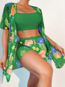 帶有和服的熱帶印花比基尼套裝 - 墨綠色 - 查看 1