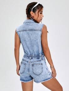 SHEIN EZwear Chi tiết về Flap Rách Cắt Thô Áo liền quần denim - Rửa nhẹ - Xem 2