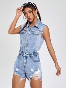 SHEIN EZwear Chi tiết về Flap Rách Cắt Thô Áo liền quần denim - Rửa nhẹ - Xem 4