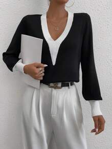 Chiquease Áo len chui đầu tay phồng phối viền tương phản, thích hợp cho mùa thu đông. - Đen và trắng - Xem 6