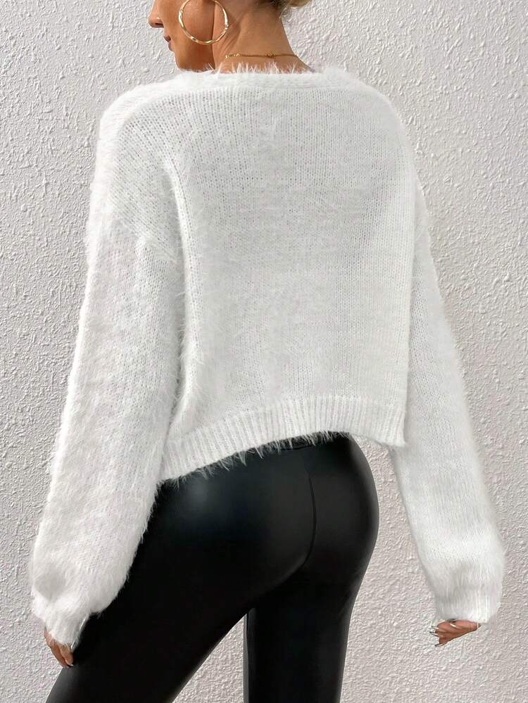 SHEIN Qutie 1 Miếng Thả vai Mở Mặt trước 	
Fuzzy Áo len Mở - trắng - Xem 2