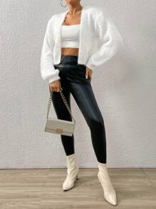 SHEIN Qutie 1 Miếng Thả vai Mở Mặt trước 	
Fuzzy Áo len Mở - trắng - Xem 3