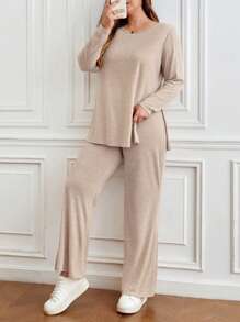 SHEIN Frenchy Plus Split Hem Tee & Pants - Apricot - View 1