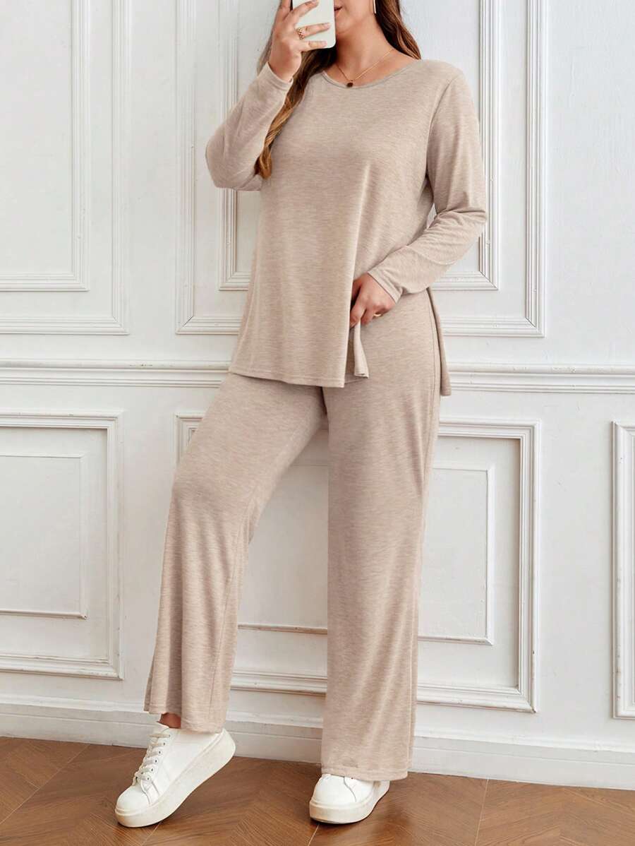 SHEIN Frenchy Plus Split Hem Tee & Pants - Apricot - View 1