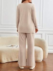 SHEIN Frenchy Plus Split Hem Tee & Pants - Apricot - View 2