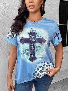 SHEIN Unity Talla grande Camiseta con estampado floral de leopardo - Celeste - Ver 1