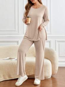 SHEIN Frenchy Plus Split Hem Tee & Pants - Apricot - View 3
