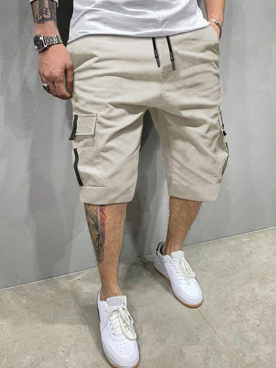 Manfinity Homme Men's Loose Fit Cargo Shorts With Flap Pockets And Drawstring Waist Color Block Casual Dad Me - Beige - View 1