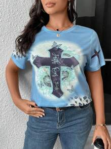 SHEIN Unity Talla grande Camiseta con estampado floral de leopardo - Celeste - Ver 4