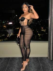 SHEIN SXY Ruched Mesh Leggings New Years Eve Party Sexy - Black - View 3