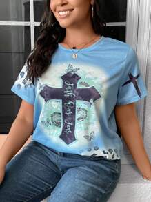 SHEIN Unity Talla grande Camiseta con estampado floral de leopardo - Celeste - Ver 5