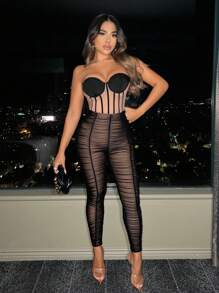 SHEIN SXY Ruched Mesh Leggings New Years Eve Party Sexy - Black - View 1