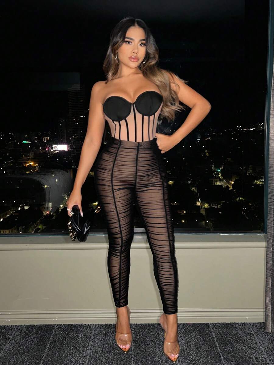 SHEIN SXY Ruched Mesh Leggings New Years Eve Party Sexy - Black - View 1