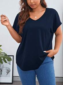 SHEIN Essnce Plus Solid Batwing Sleeve V Neck Tee - Navy Blue - View 1