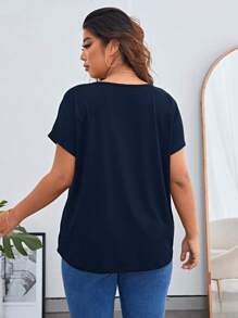 SHEIN Essnce Plus Solid Batwing Sleeve V Neck Tee - Navy Blue - View 2